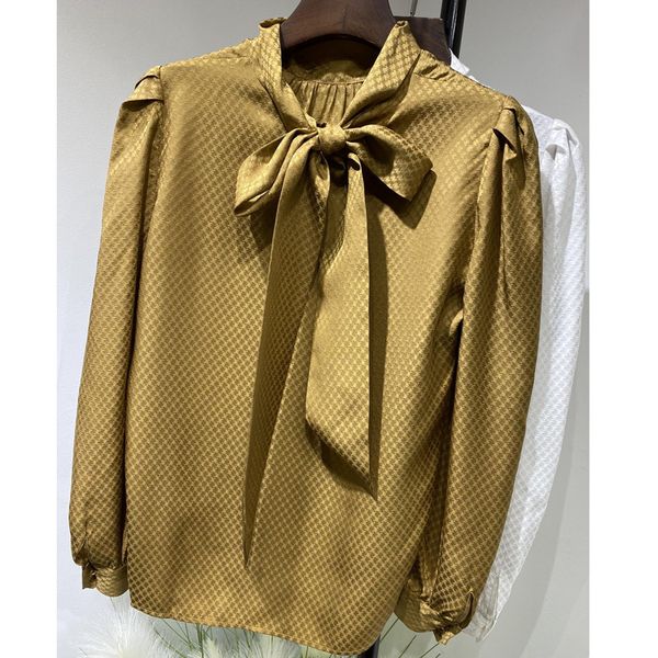 

spring runway designers elegant bow collar 100% silk blouses women fashion office shirts women's, White