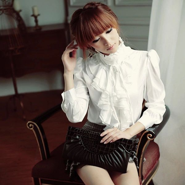 

softu womens shirt blouse ruffles collar lace chiffon ol style white black long sleeve casual loose shirts female blusas