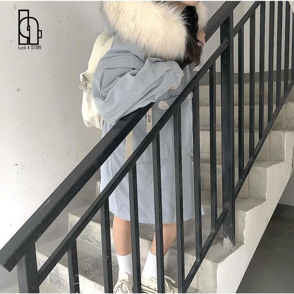

women's down & parkas 2021 women harajuku japanese kawaii fur collar parka coats female blue casual loose thick warm outerwears lady pr, Black