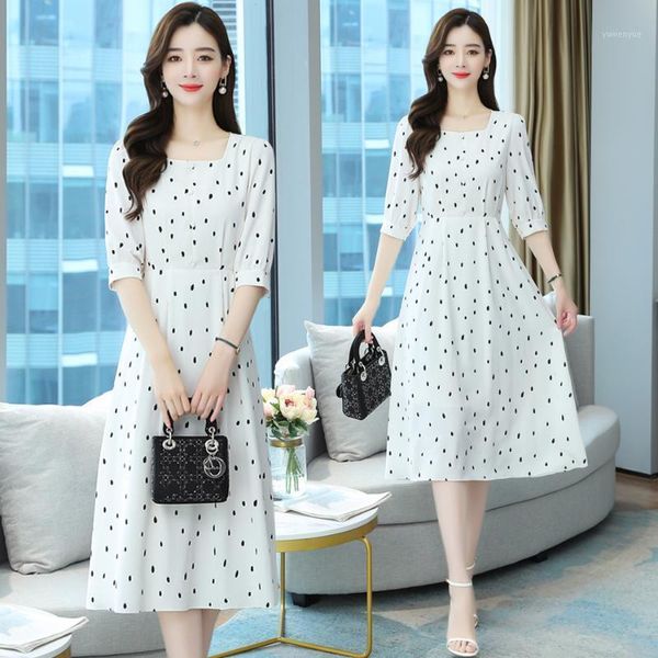 

summer white dot chiffon casual beach dress vintage oversize boho half sleeve sundress elegant women bodycon party vestidos dresses, Black;gray