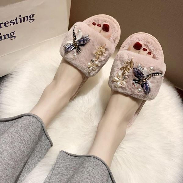 

women winter house slippers faux fur slides fashion warm shoes slip on flats black cozy female home furry pink