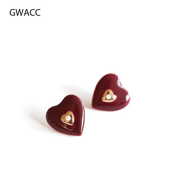 

stud gwacc love oil drip earrings for women berry color heart shape cute pearl original fashion jewelry, Golden;silver