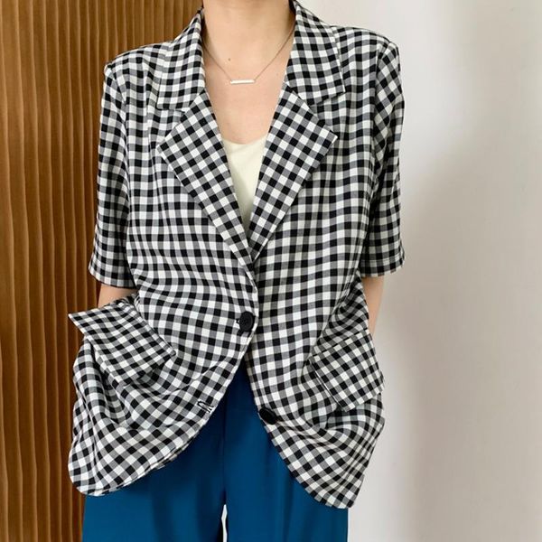 

women's suits & blazers [ewq] korea chic casual trendy women lapel single-breasted plaid loose fashion short-sleeved blazer summer 2021, White;black