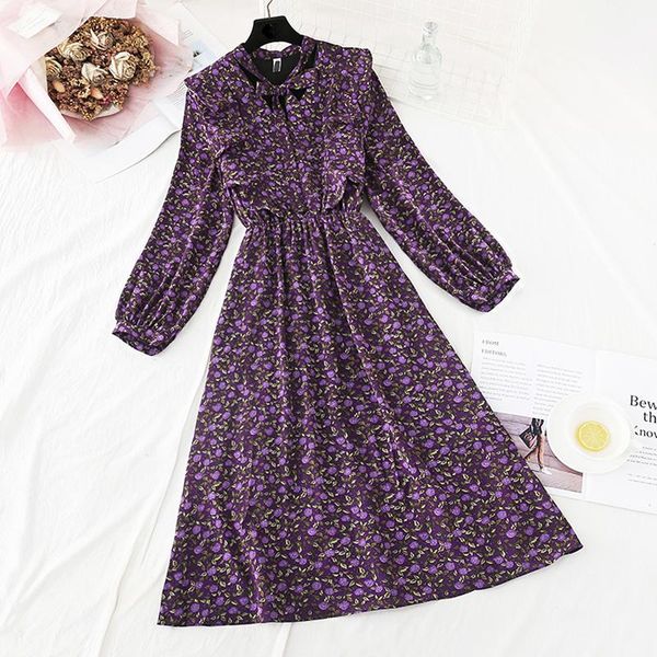 

casual dresses women's chiffon a-line dress elegant floral print woman vintage long sleeve female 2021 autumn women vestidos, Black;gray