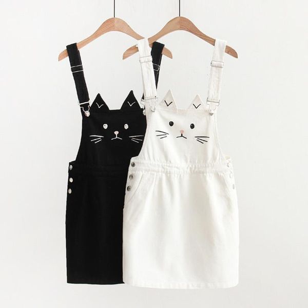 

kawaii cat embroidery denim women skirts suspender preppy style straight short overalls jeans saia colegial, Black
