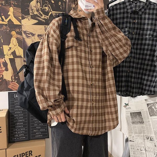 

men's casual shirts 2021 spring autumn plaid men long sleeve shirt korean male fashion, White;black