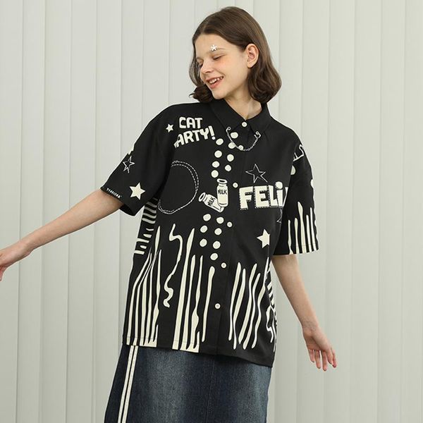 

women's blouses & shirts bebobsons design women chiffon blouse black cartoon pattern print chain decoration ladies loose shirt top, White