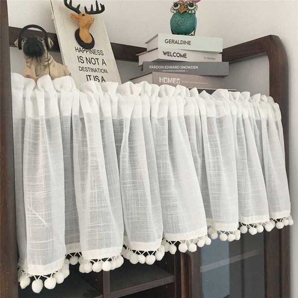 Curtas cortinas de tule para armário de cozinha Meia cortina de cor sólida Café Cortina de fios Tassel Voile Valance Decoração da Sala de Casa 210712