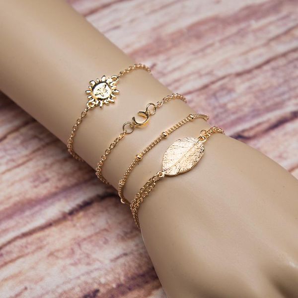 

link, chain sun golden leaf four beads set 4 one combination bracelet anklet, Black