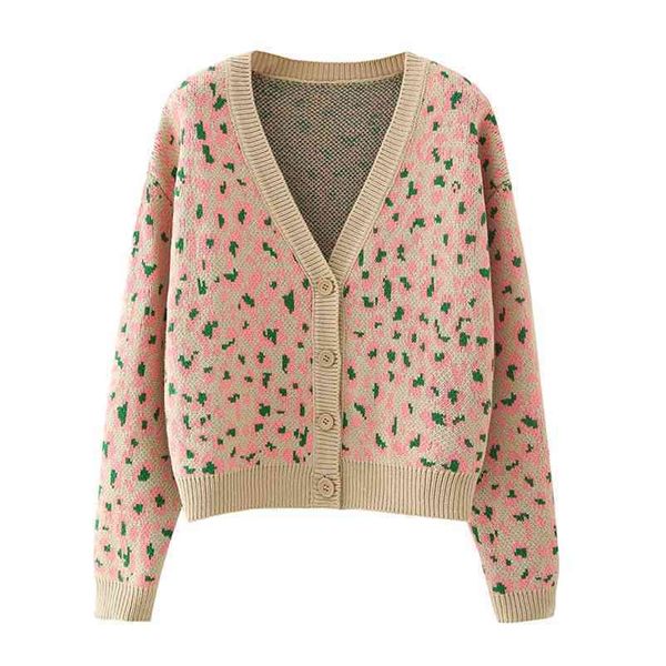

spring autumn cardigans casual v-neck single buttons leopard knitted sweaters female short knit outwear coat 210524, White