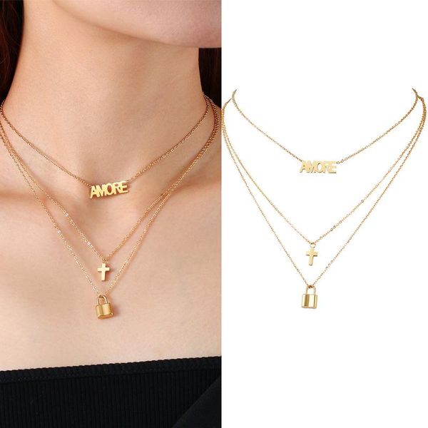 

pendant necklaces layering set with alphabet cross padlocks necklace delicate minimalist women jewelry in stainless steel, Silver