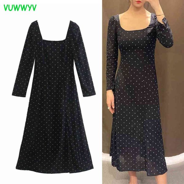 Vuwwyv preto estrela impressão midi vestidos para mulheres verão vintage smock design vestido de festa mulher manga longa elastic vestido 210430