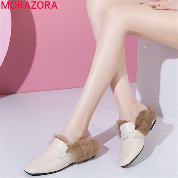 

slippers morazora 2021 genuine leather shoes women slipper solid colors fur warm winter low heels party woman, Black