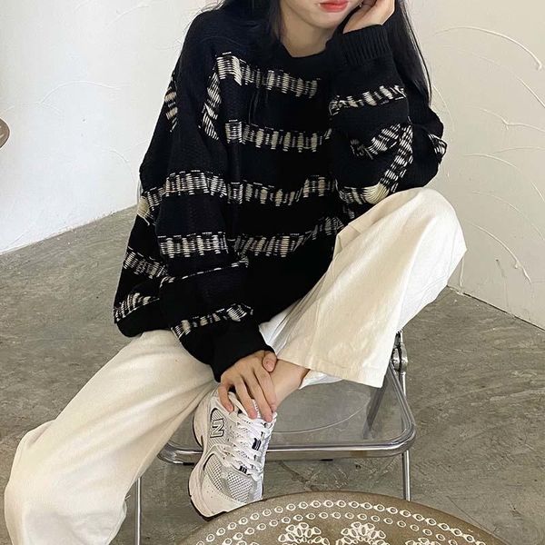 

women's sweaters sweater coat 2021 autumn winter chic korean loose lazy wind stripe outer knitted top, White;black