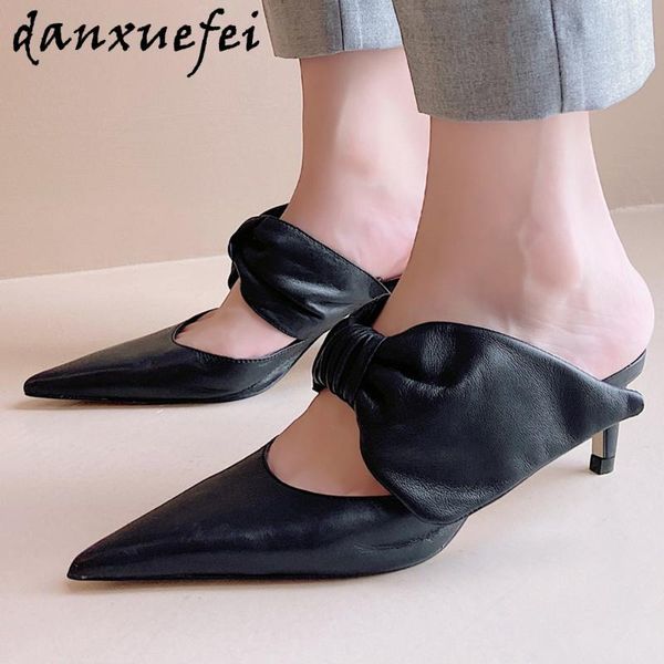 

dress shoes women's genuine leather thin high heelslip-on pumps slingback summer pointed toe sandals elegant ladies mules women, Black