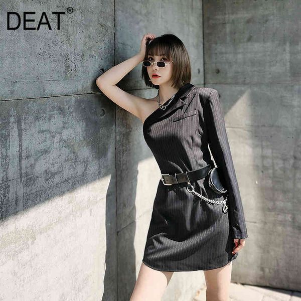 

women black striped one shoulder pocket dress diagonal collar long sleeve slim fit fashion tide summer 7e7773 210421, Black;gray