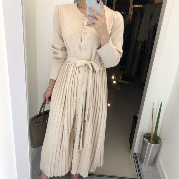 

autumn winter office lady solid long sleeve knitting dress with belt elegant women o-neck button pleated dress 210518, Black;gray
