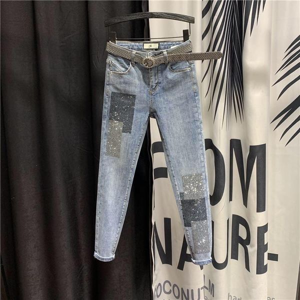 

women's jeans the spring 2021 high-waisted nine-minute for women with sequins and fabric can be used daddy's small feet woman, Blue