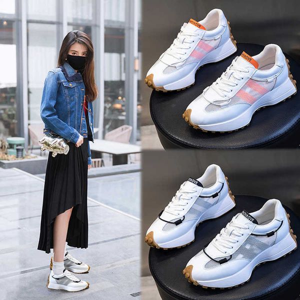 

leather women's shoes 2021 summer mesh casual large thick soled shallow mouth sneakers