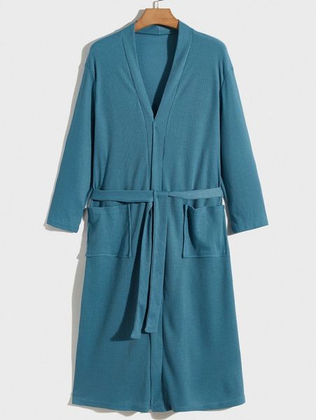 

men dual pockets waffle knit belted robe i9oi#, Black;brown