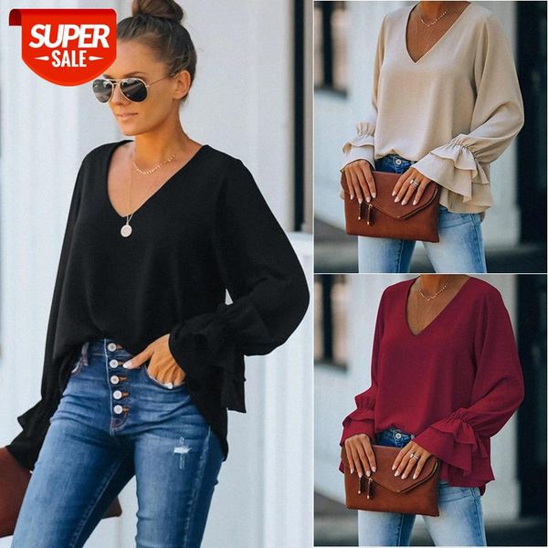 

[in stock]european and american women's casual loose solid color v-neck long-sleeved t-shirt women #zj96, White