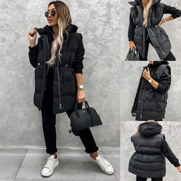 

women's vests 2021 autumn and winter cotton clothes solid color sleeveless loose pocket zipper waistcoat, Black;white