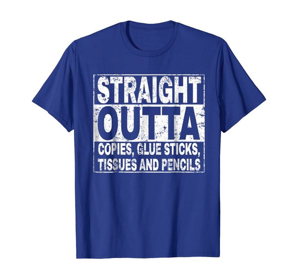 

straight outta copies, glue sticks, tissues, pencils shirt, White;black