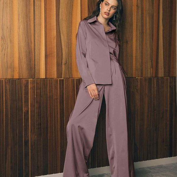 

propcm tracksuits blue satin home suit wear spring brown long sleeve 2 piece and pants women sets loose casual solid ladies trousers set, White
