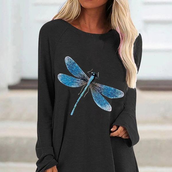 

graphic tshirts dragonfly print women o neck loose long sleeve mujer camisetas, White