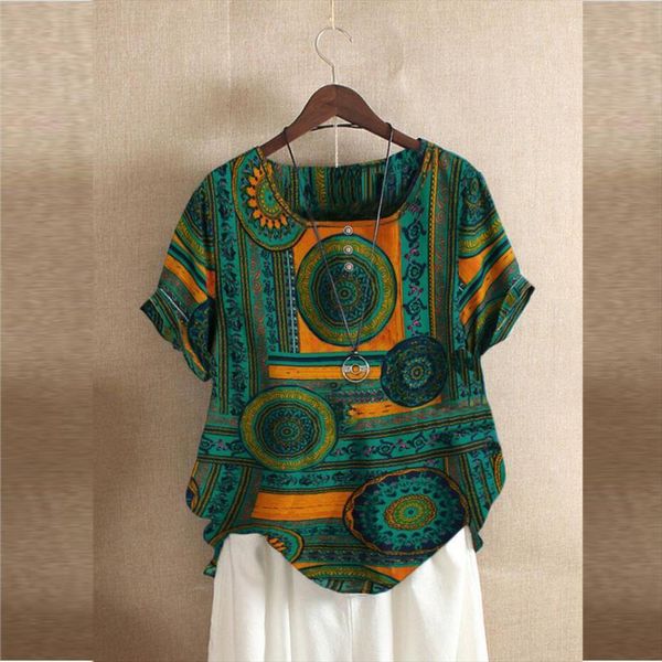 

plus size short sleeve womens shirt cotton linen o neck print top, White