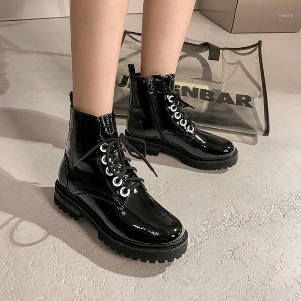 

boots eshtonshero ankle women shoes 2021 winter med heel leather female short booties lace up size 3-121, Black