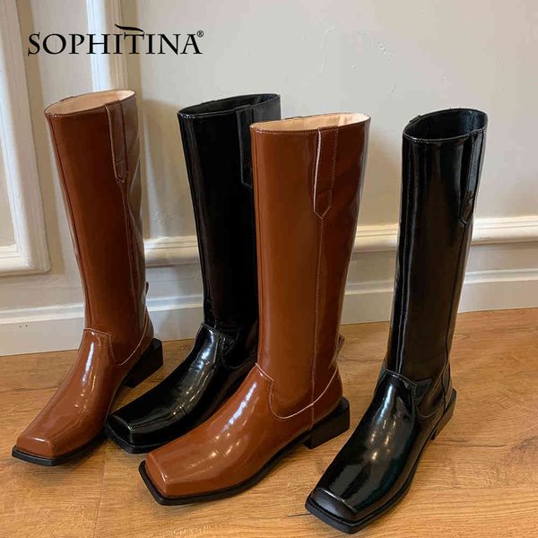 

sophitina fashion mid-calf boots woman combat straight bright genuine leather low square heel flat slip on long boots po774 210513, Black