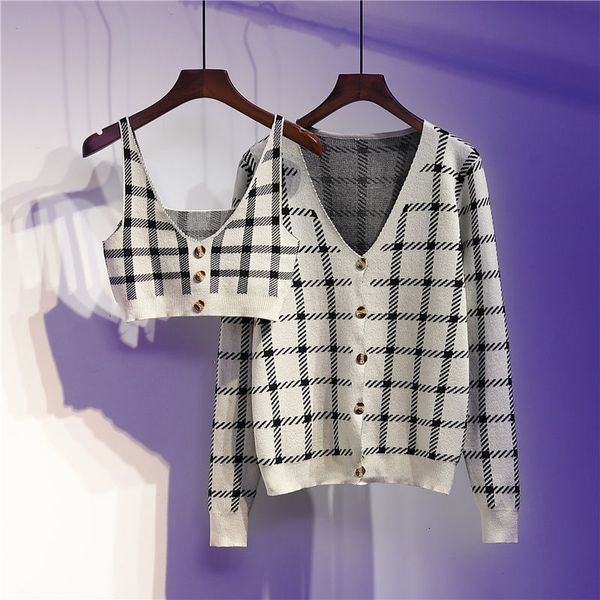 

women's jackets retro style short suspenders + plaid knitted jacket two-piece women spring and autumn fashion suit, Black;brown