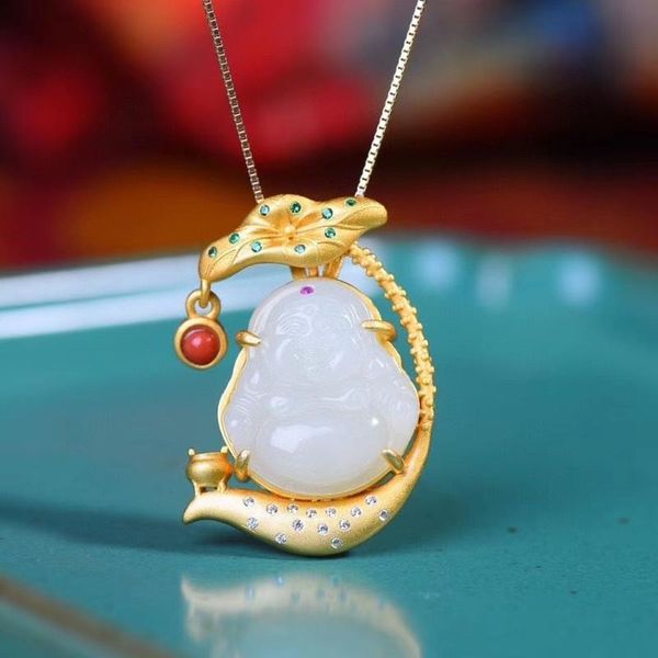 

chains silver natural hetian white jade stone lotus pendant necklace chinese style retro elegant light luxury charm women's jewelry
