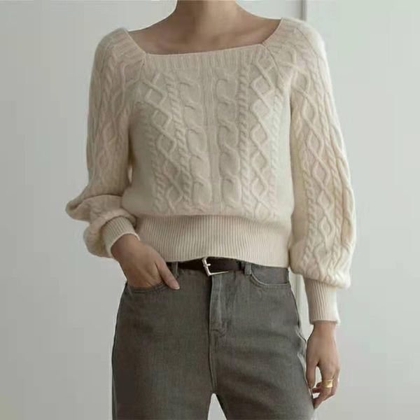 

women's sweaters 2021 autumn winter women square neck solid sweater korean knitting pullover pull femme 17703, White;black