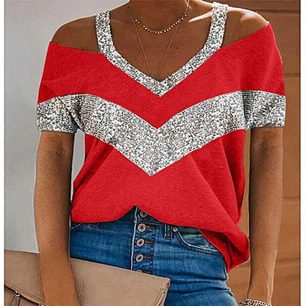 

women's t-shirt purple 2021 loose women patchwork short sleeve t-shirts cold shoulder tee shirts summer sports outfits 5xl plus size g, White