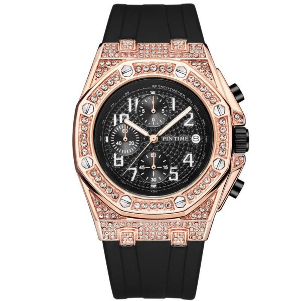 

rose gold diamond watch iced out watches all dial work chronograph quartz movement stainless steel rubber strap oak designer wristwatches, Slivery;brown