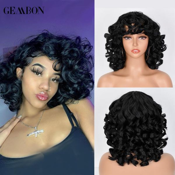 

synthetic wigs short hair afro curly wig with bangs shoulder length ombre black brown glueless high temperature cosplay for women