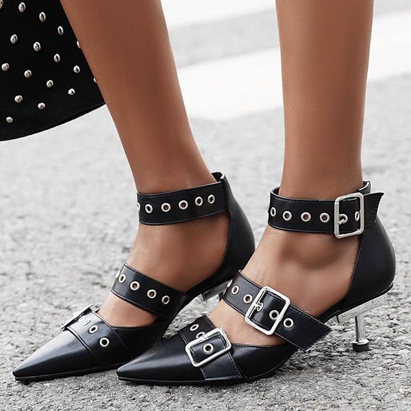 

aiweiyi summer ankle strap sandals women pointed toe buckle design kitten heel high heels female wedding shoes, Black
