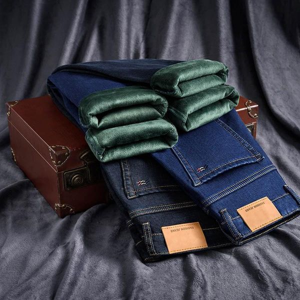 

men's jeans 2021 winter thick green fleece warm classic style business regular fit elasticity denim pants male, Blue