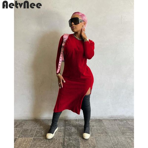 

casual dresses aetvnee solid midi dress women outfits 2021 autumn full sleeve o-neck splited stretchy skinny streetwear vestidos, Black;gray