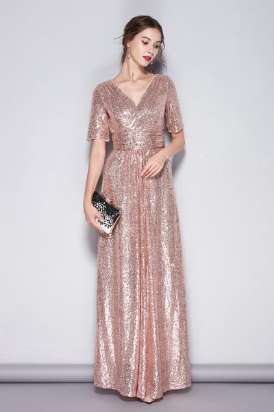 

bridesmaid dress robe rose gold sequined long dresses short sleeves party for wedding v-neck guests gown, White;pink