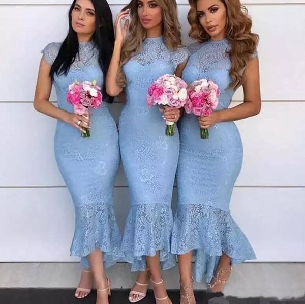 Gelo azul comprimento do chá 2021 vestidos de dama de honra vintage rendas altas low toward manga doméstica de honra vestidos de casamento formal vestidos de convidado