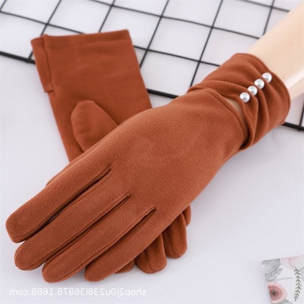 

female pearl spring and autumn winter warm gloves outdoor cycling touch screen thickened german velvet, Black