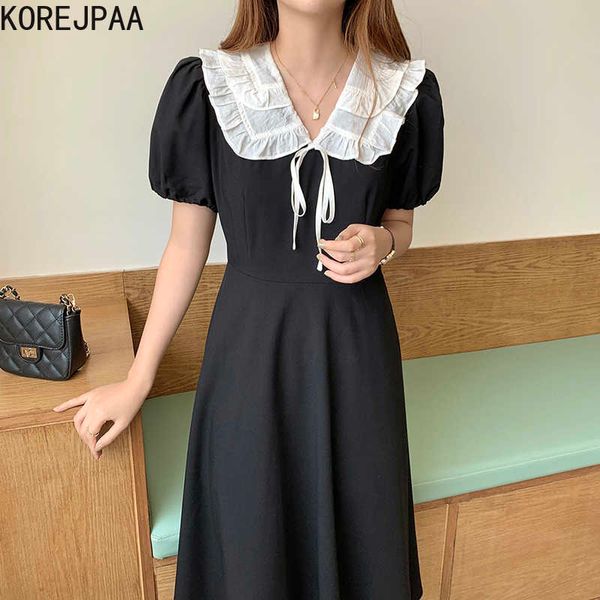 Korejpaa Frauen Kleid Koreanische Mode Chic Vintage Elegante Puppe Kragen Rüschen Farbe Kontrast Hohe Taille Blase Hülse Vestido 210526