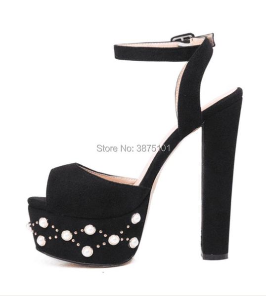

women high heels sandals 14cm ankle strap shoes party pumps gladiator platform size 35-45 pearl, Black