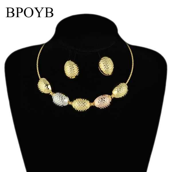 

high fashion 3 tones olive earrings choker neckless elegant au750 italian gold color dubai jewelry sets for women & necklace, Silver