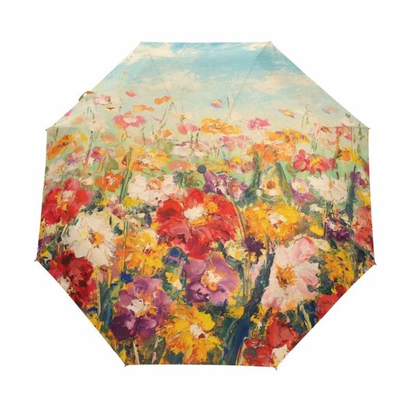 

umbrellas chinese rain umbrella 3 folding anti uv outdoor travel sombrinha oil painting full autumatic sonnenschirm sun ombrello