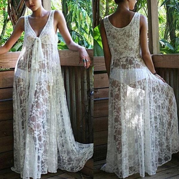 

women's swimwear women v-neck sleeveless summer beach lace cover up see through maxi dress bikini plus size, White;black
