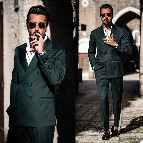 Smoking da uomo d'affari su misura smoking verde scuro doppio petto da uomo vestito di pantaloni da ballo abiti da sposa (giacca + pantaloni)